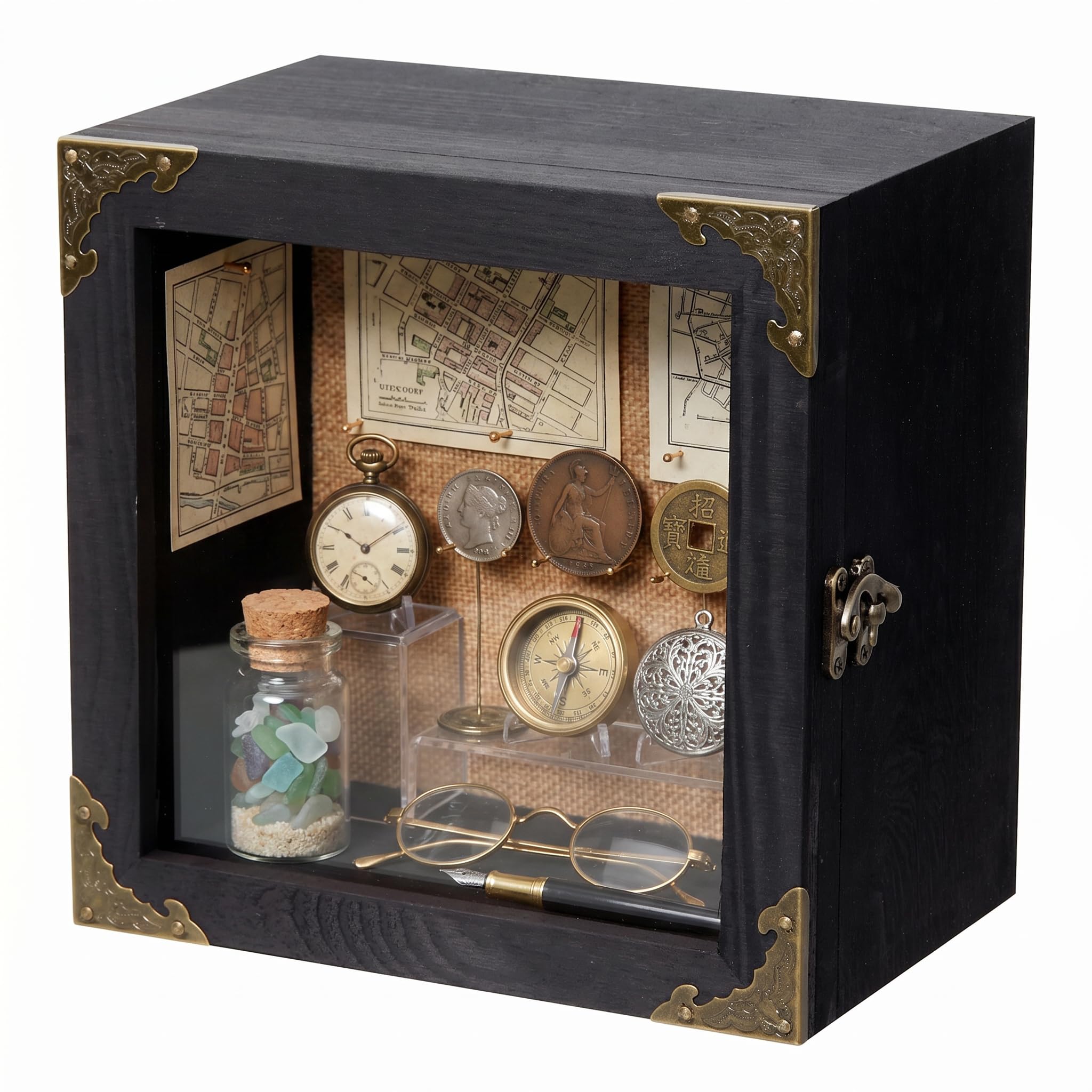 Deep Shadow Box Frame 8x8, 4.7" Depth Display Case with Real Glass Door, Black Solid Wood Memory Box with Vintage Metal Corners for Photos, Medals, Flowers, Wedding Keepsakes