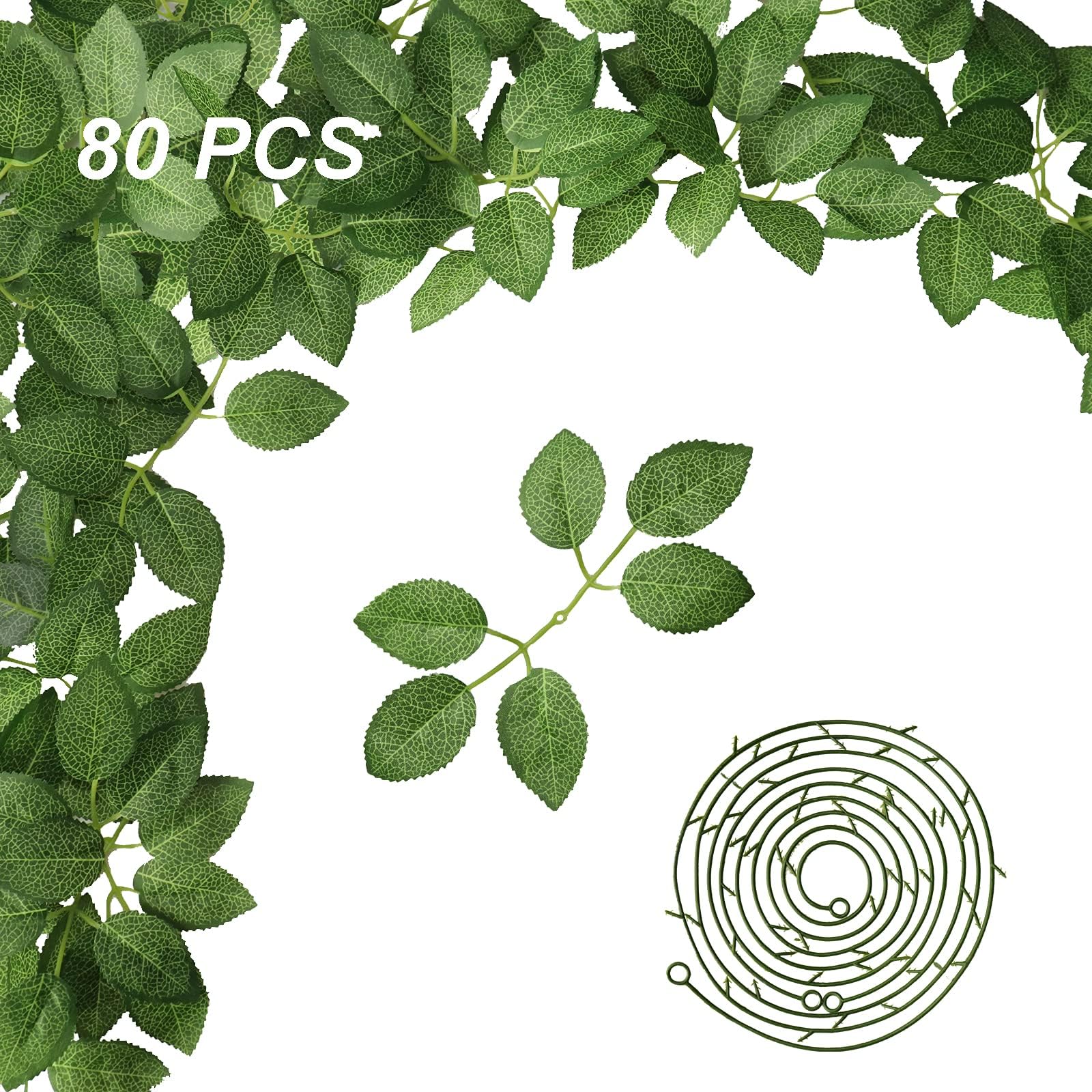 Vitalili 80pcs Bulk Green Fake Rose Leaves Artificial Greenery Leaves for DIY Crafts Leaf Decor Rose Vine Garlands Wreath Supplies Wedding Bouquets Centerpieces Party Decorations