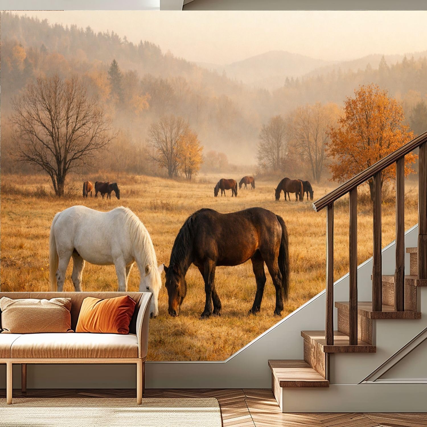 Peel and Stick Wallpaper Removable Mural for Bedroom Horses Golden Autumn Field Sunset Rustic Countryside Landscape Textured Vinyl Wallpaper Renter Friendly Adhesive Wall Stickers & Murals