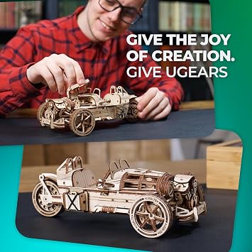 UGEARS Three-Wheeler UGR-S Motorcycle Model Wooden 3D Puzzles for Adults - Wooden Model Kits for Adults Motorcycle Gifts for Men Kit with Spring Motor, Functional Steering Chain Drive DIY Model