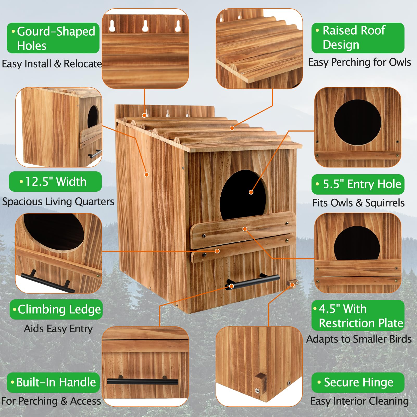 Grande casetta per esterni, 43,2 x 31,8 x 31,8 cm, in legno, per esterni, nido per uccelli, habitat per urlo, boreale, sega - Whet & Elf Owls