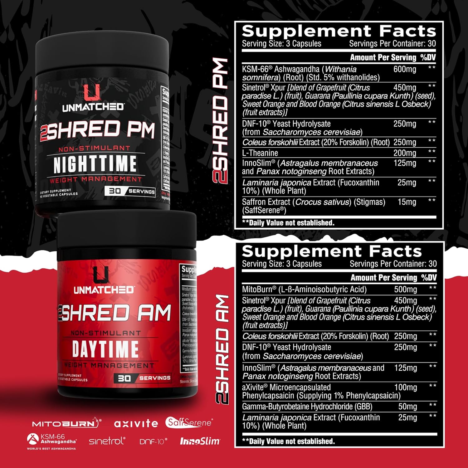 Unmatched 2Shred AM + PM | Non Stimulant Weight Management System | Thermogenesis, Fat Burning, & Appetite Control | 180 Vegetable Capsules, 30 Day Supply - Image 2