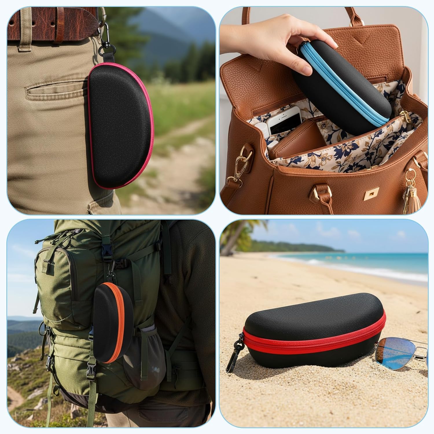 15 Pcs Hard Shell Sunglasses Case, Zipper Eyeglasses Case Portable Travel Glasses Protector with Hook for Men Women, Fit for Safety and Reading Glasses