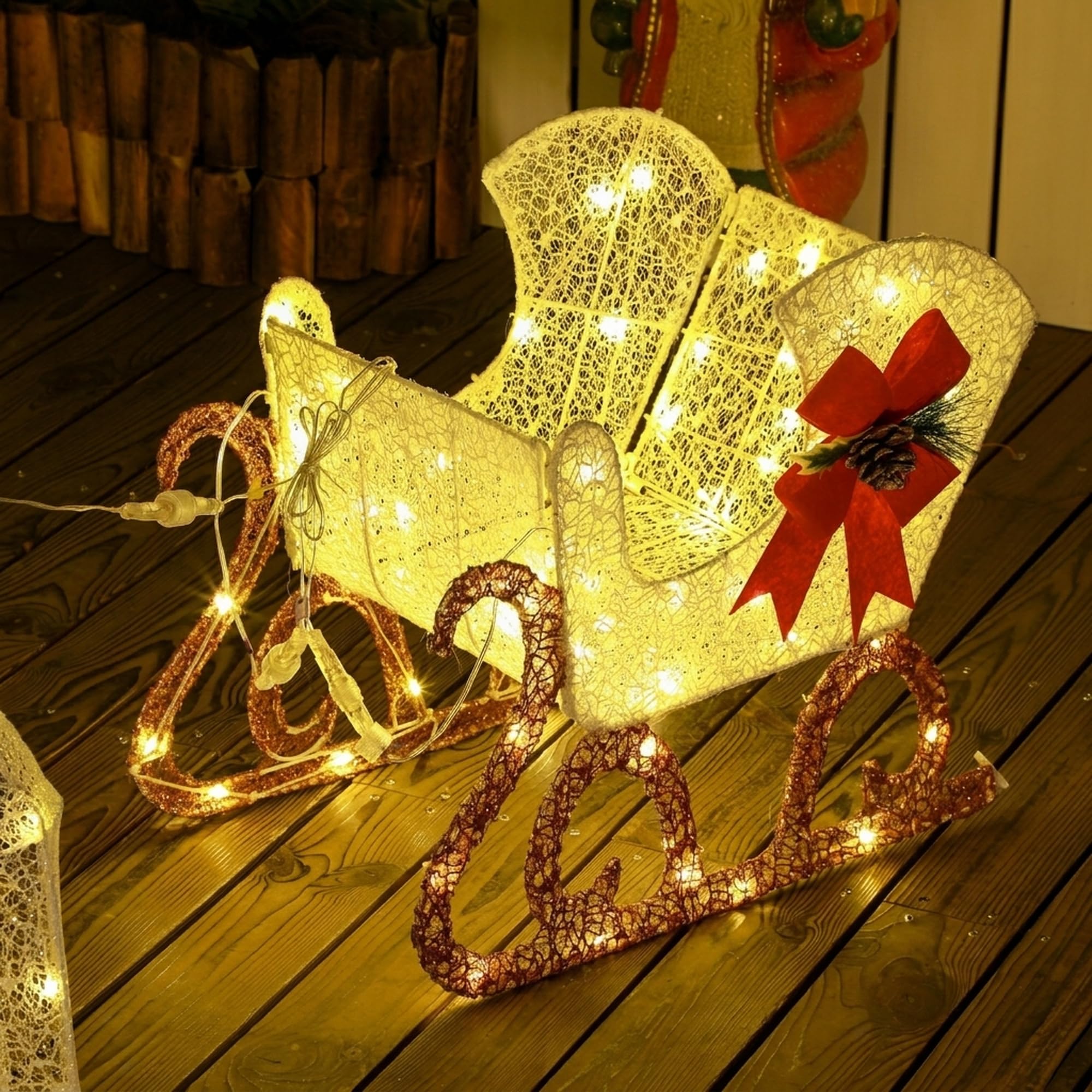 Outsunny Renna Natalizia Illuminata con Slitta 118 cm Bianco e Rosso