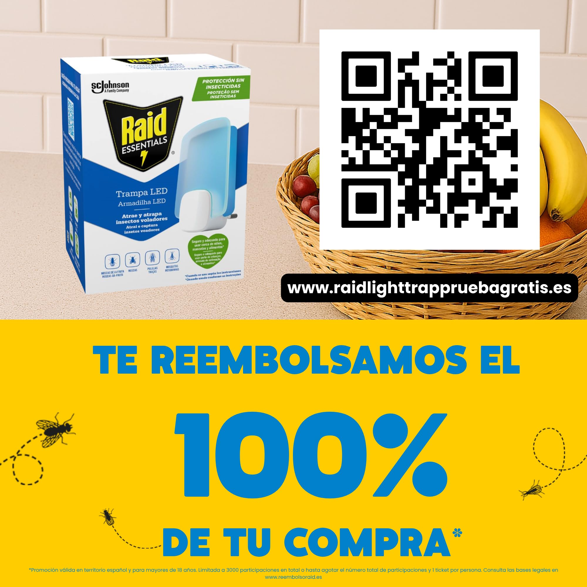 Raid Essentials Trampa LED Antimoscas, Antimoscas de Fruta y Antipolillas, Sin Insecticida, Seguro para Toda la Familia, Inodoro y Sin Residuos, Uso Interior, 1 Aparato y 1 Recambio.