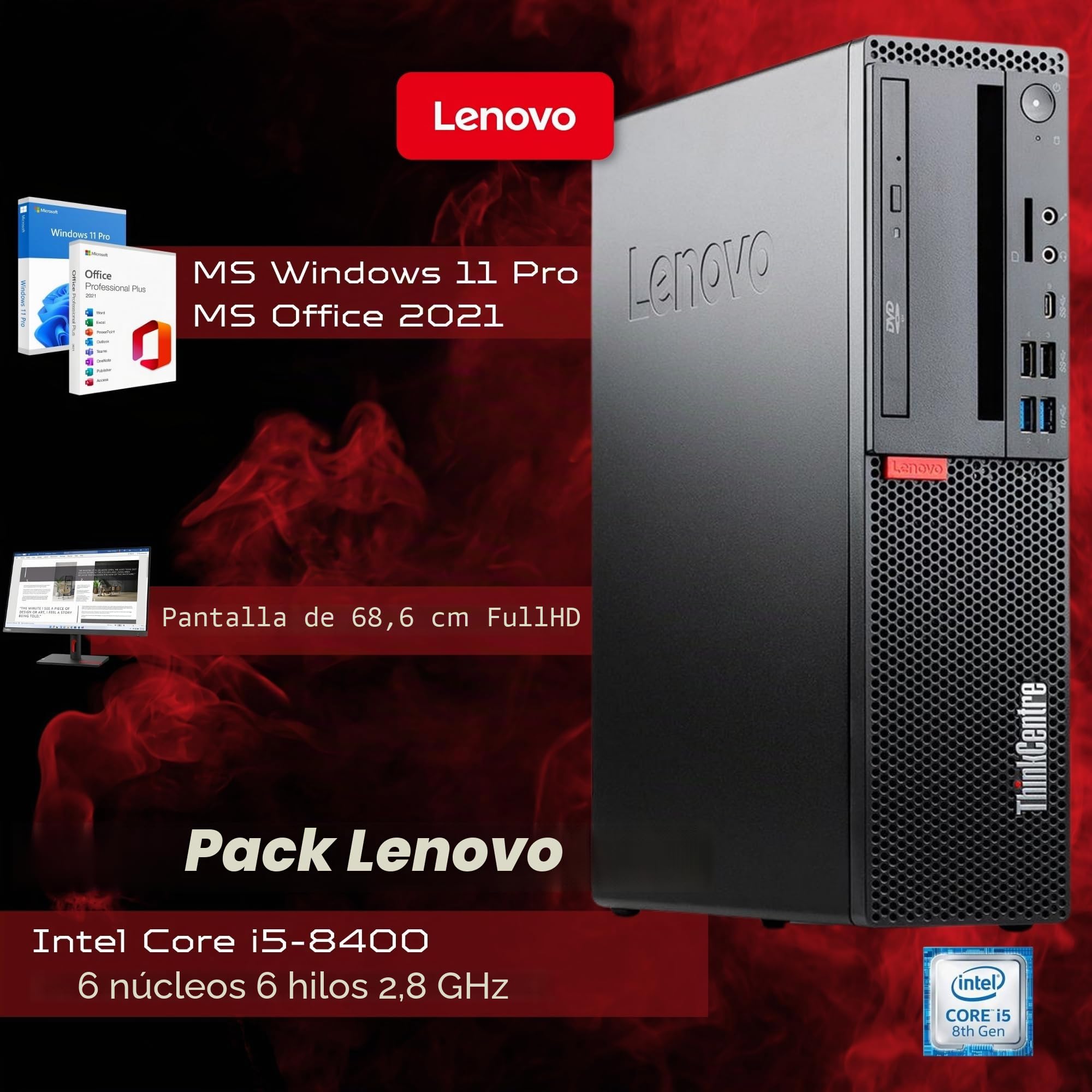 Lenovo Estación de oficina completa PC Desktop Intel Core i5-8400, 16 GB RAM, 512 GB SSD, 27" ThinkVision c27-40 FullHD, Win 11, OFFICE 2021 Professional, 36 meses garantía
