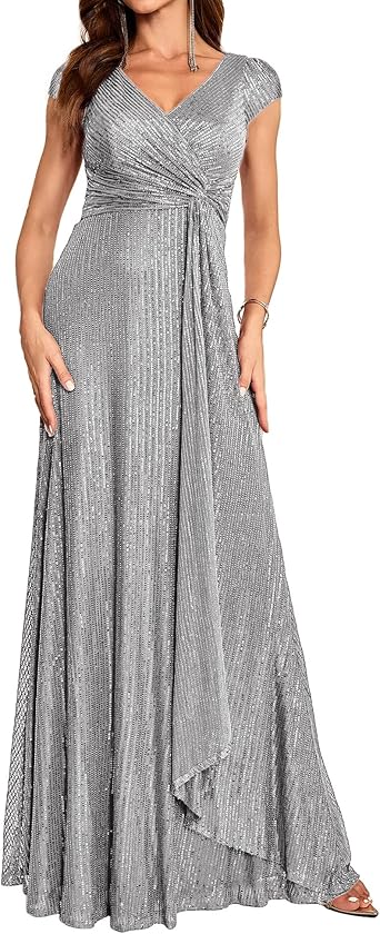 meilun Short Sleeve Sequin Dress for Women Formal Gowns Sparkly V Neck Maxi Dress