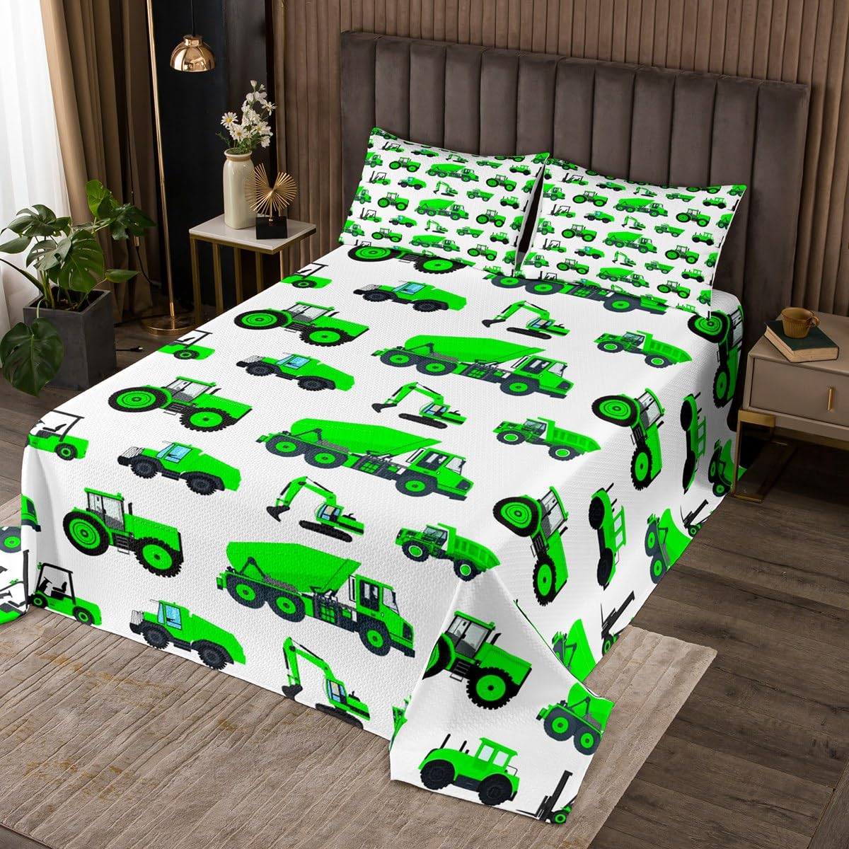 Manfei Kinder BAU Tagesdecke L Größe,Cartoon Auto Bettwäsche Set Jungen Teens Zimmer Dekor,grüne Bagger Fahrzeuge Tröster Set LKW Traktor Coverlet Quilt,2 Kissenbezug