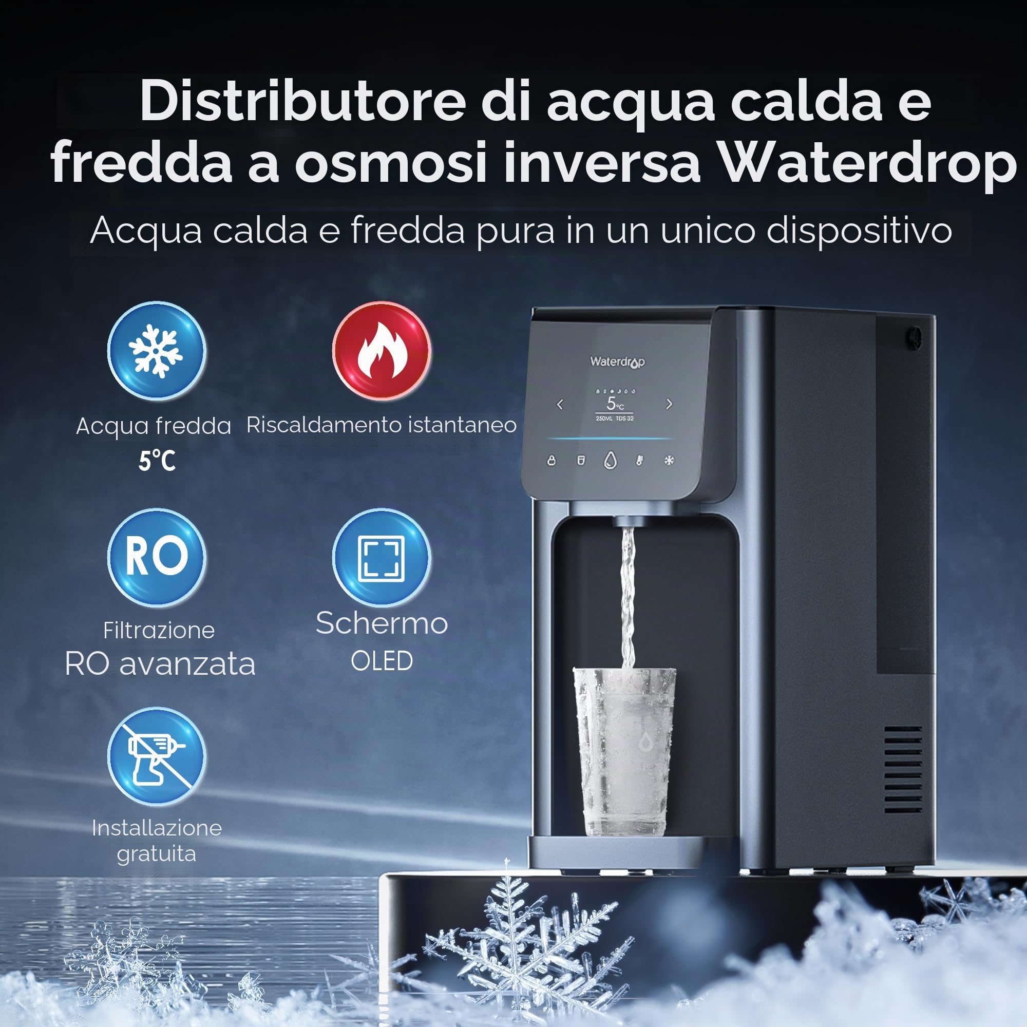 Waterdrop WD-A1 Osmosi Inversa Sistema da Banco, Erogatore di Acqua Calda e Fredda, Standard NSF/ANSI 58, Refrigeratore d'Acqua Senza Bottiglia, 6 Impostazioni di Temperatura