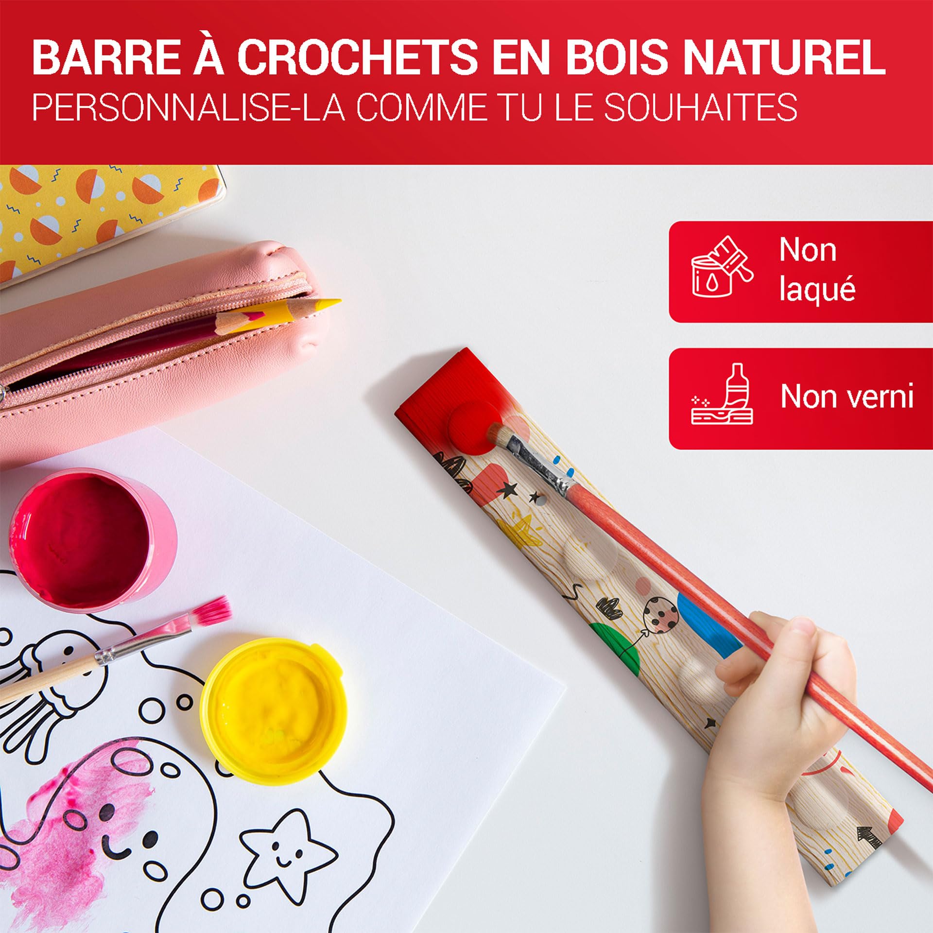 Porte-Manteau Mural Bois Pin 4 Crochets | Patère Enfant Naturelle 30cm | Non Traité DIY Déco
