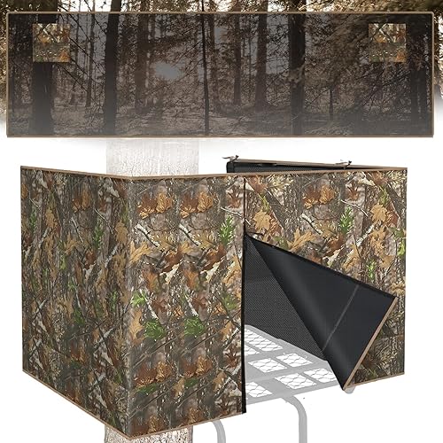 See Through Hunting Tree Stand Blinds, 142" x 36"/ 102" x 36" Camo Tree Stand Cover, Universal 2 Man Ladder Stand Blind Kit with Zipper, Pocket Storage Bag for Deer Hunting(Frames Not Included)