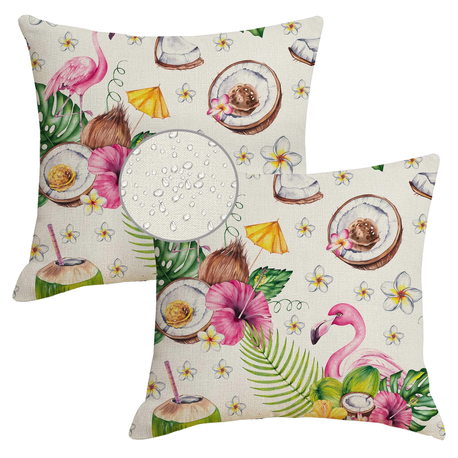 LOHDALOLF Flamingos Print Cushion Covers 50x50 cm Set of 2 Waterproof Tropical Coconut Cushion Cases Leaf Decorative Pillow Covers for Outdoor Patio Garden Lawn