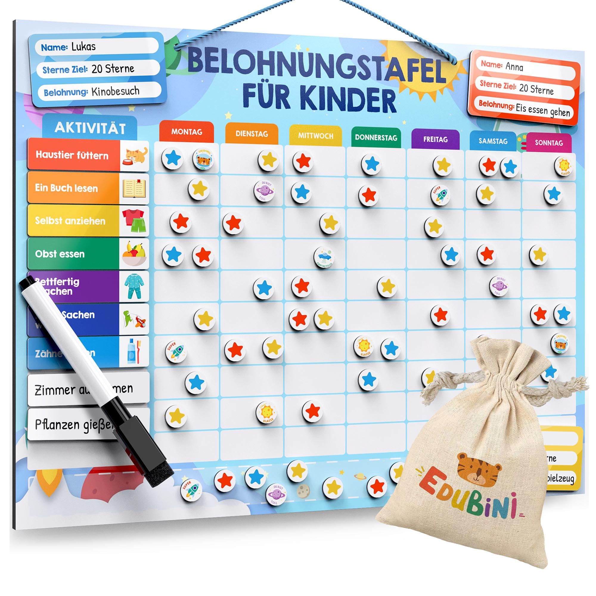 Edubini Belohnungstafel für Kinder - [100 Aufgaben + 350 Magnete] - Belohnungssystem für Verantwortung - Family Plan, Montessori Magnettafel, Wochenplaner, Adhs Hilfsmittel - inkl. Tasche, Stift