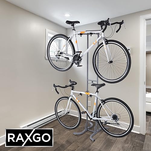 Miniatura 7 de RaxGo Estante de almacenamiento de garaje para bicicletas, soporte de piso de garaje para 2 bicicletas, independiente, ganchos ajustables, para