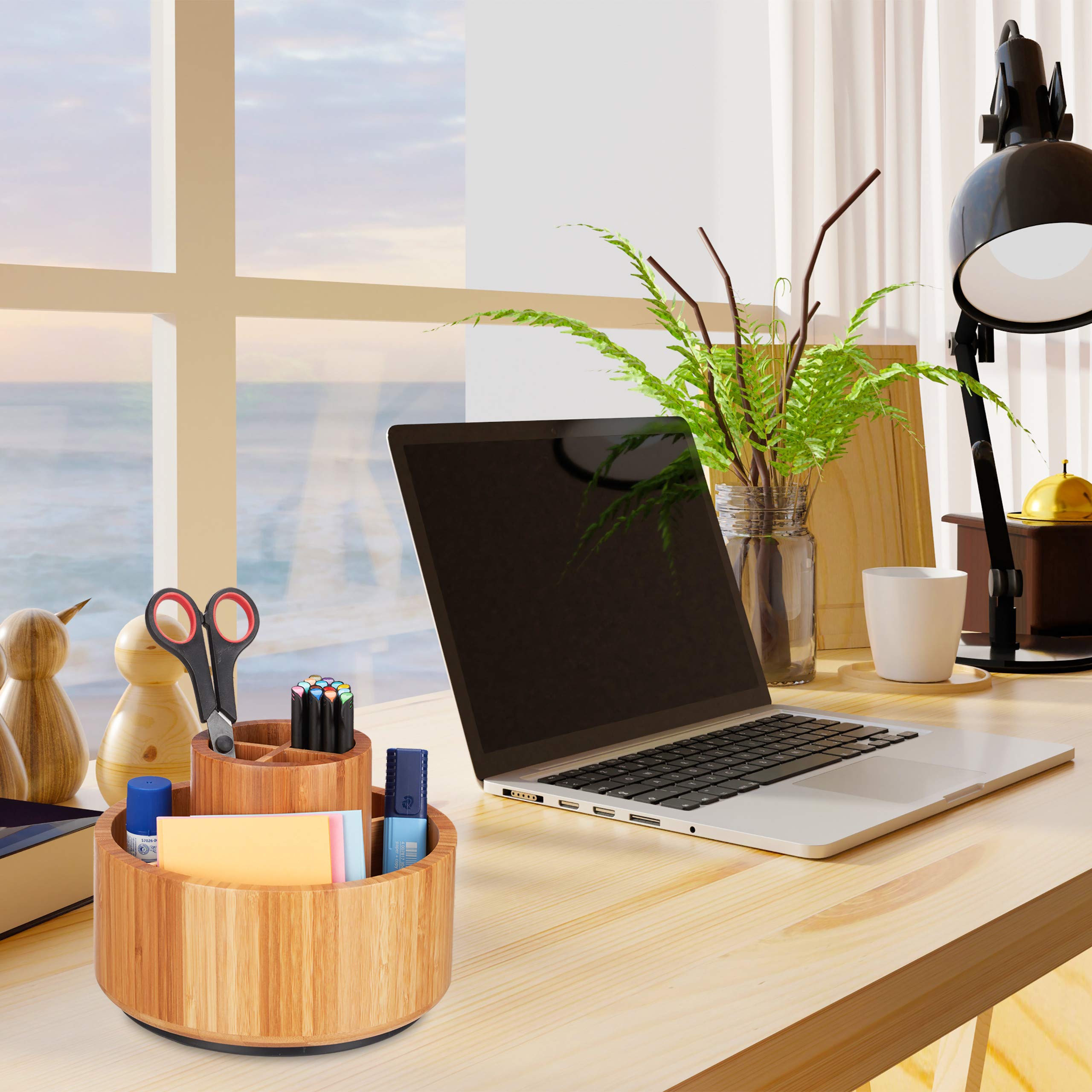 Relaxdays, Naturalny organizer do makijażu, bambusowy, obracany o 360 stopni, okrągły, na pędzle, szminki i kosmetyki, pojemnik na długopisy, średnica: 20 cm, 15 x 20 x 20 cm