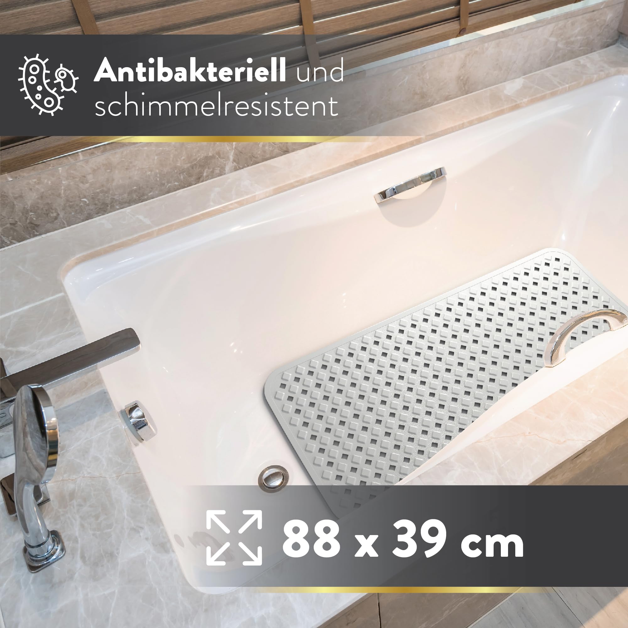 Tappetino per vasca da bagno, antiscivolo e sensibile alla pelle (grigio), 88 x 39 cm, lavabile in lavatrice, senza muffa, senza BPA, antiscivolo per vasca da bagno con ventose