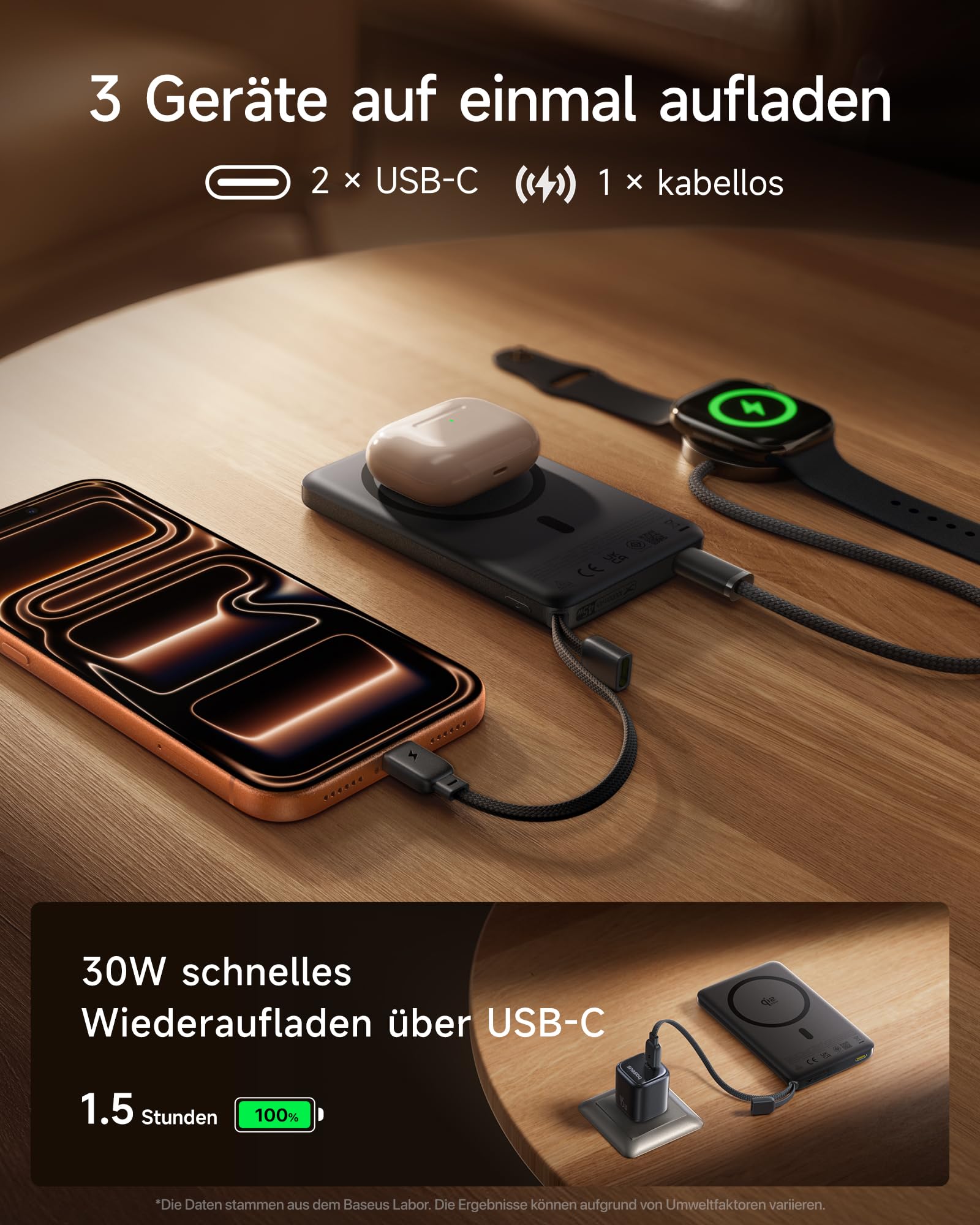 Baseus Picogo AM52 Power Bank, Qi2.2 Magsafe Powerbank 10000mAh, 25W Wireless, PD 45W Schnellladung, Integriertes USB C Kabel, Magnetische Externe Batterie Slim für iPhone 17/16/15/14/13/12, Schwarz
