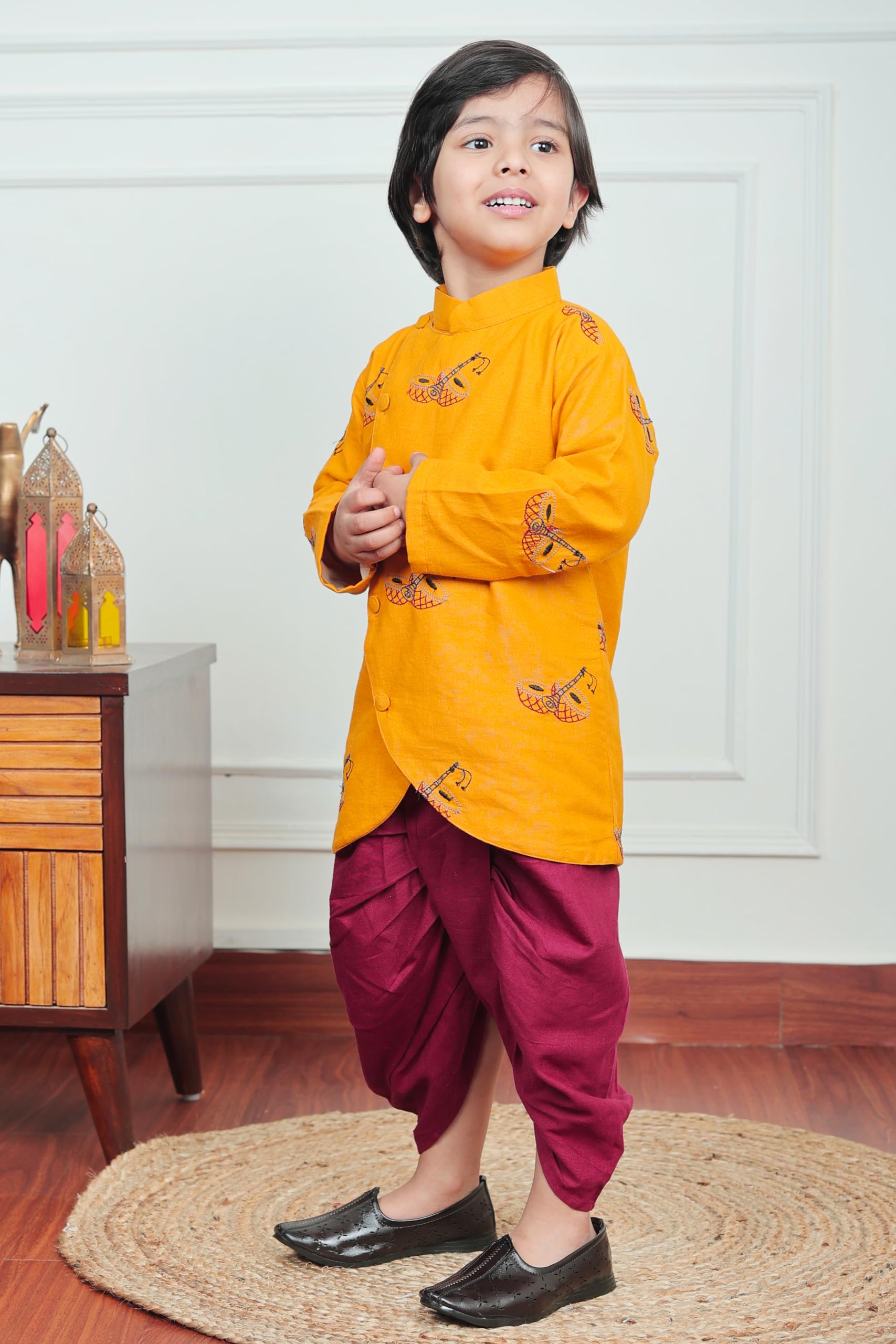 POLKA TOTS Full Sleeve Angrakha Kurta and Dhoti Set - 100% Cotton Traditional Ethnic Wear for Boys Ethnic Print | Baby Boy Kurta Pyjama for Weddings & Festivals (Shehnai Print, 0-3 M) 1