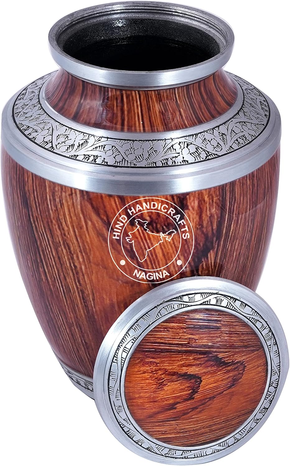 Floral Silver Engraved Cremation Urn for Human Ashes Adult - Handcrafted Funeral Memorial Ashes Urn - Large Columbarium Urn - Bag Included (Teak Wood Texture)