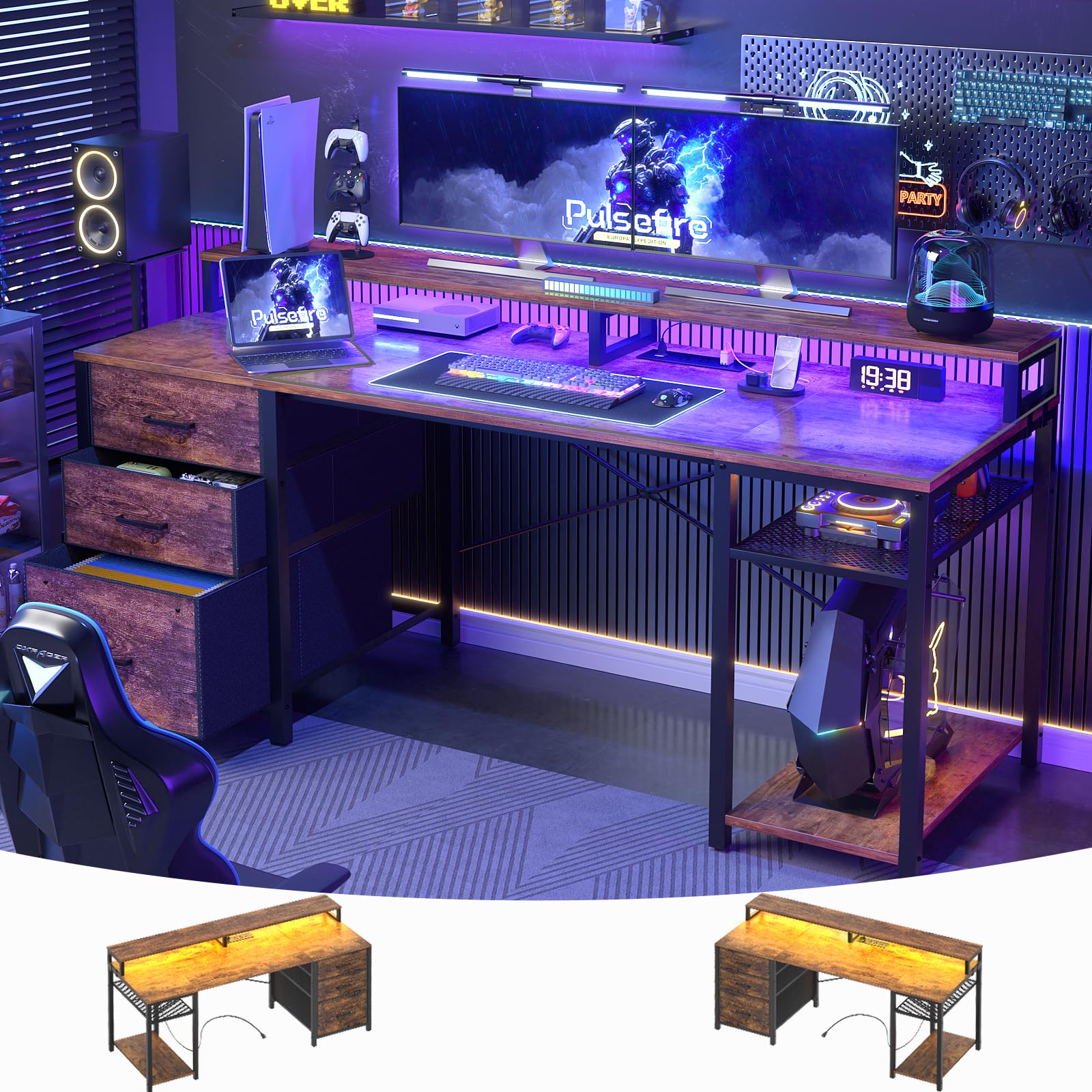 Aheaplus Gaming Desk with LED Lights and Power Outlets, 59 inch Home Office Computer Desk with Fabric File Drawers, Reversible Work Desks with Monitor