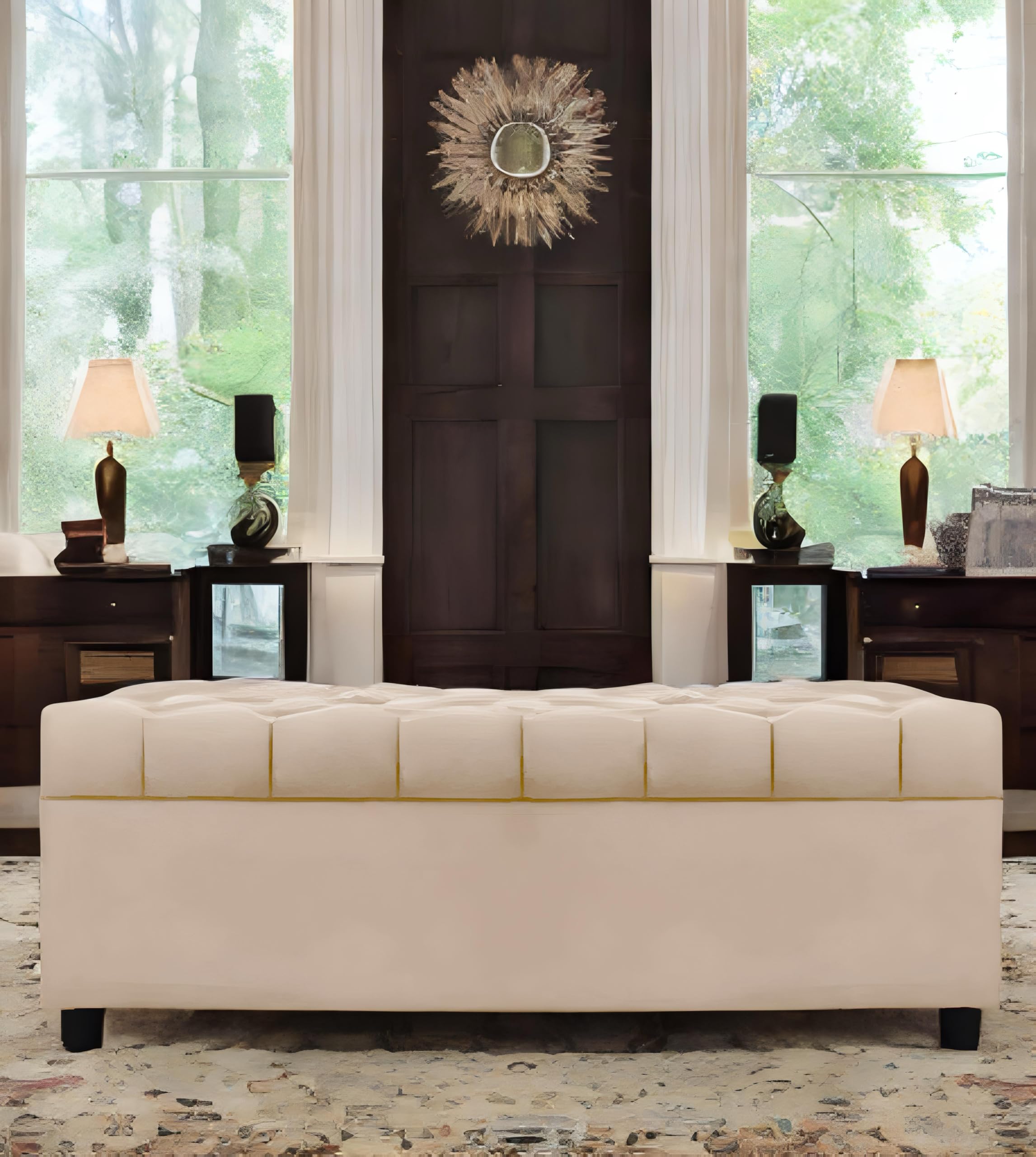 AMATA Eagle Solid Wood 2 Seater Ottoman/pouffe Cream Suede Velvet Fabric Perfect for Home Living Office Room and Guests (Cream 3, 2 Seater)(3 Year Warranty)