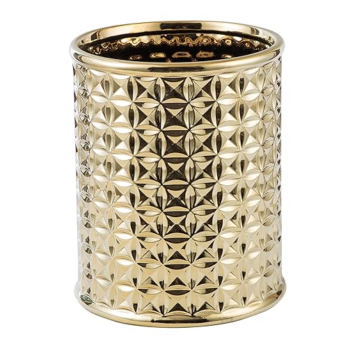 Bote de basura de cerámica dorada, cubo de basura redondo para tocador de baño y escritorio de cocina, bote de basura pequeño duradero con tapa,