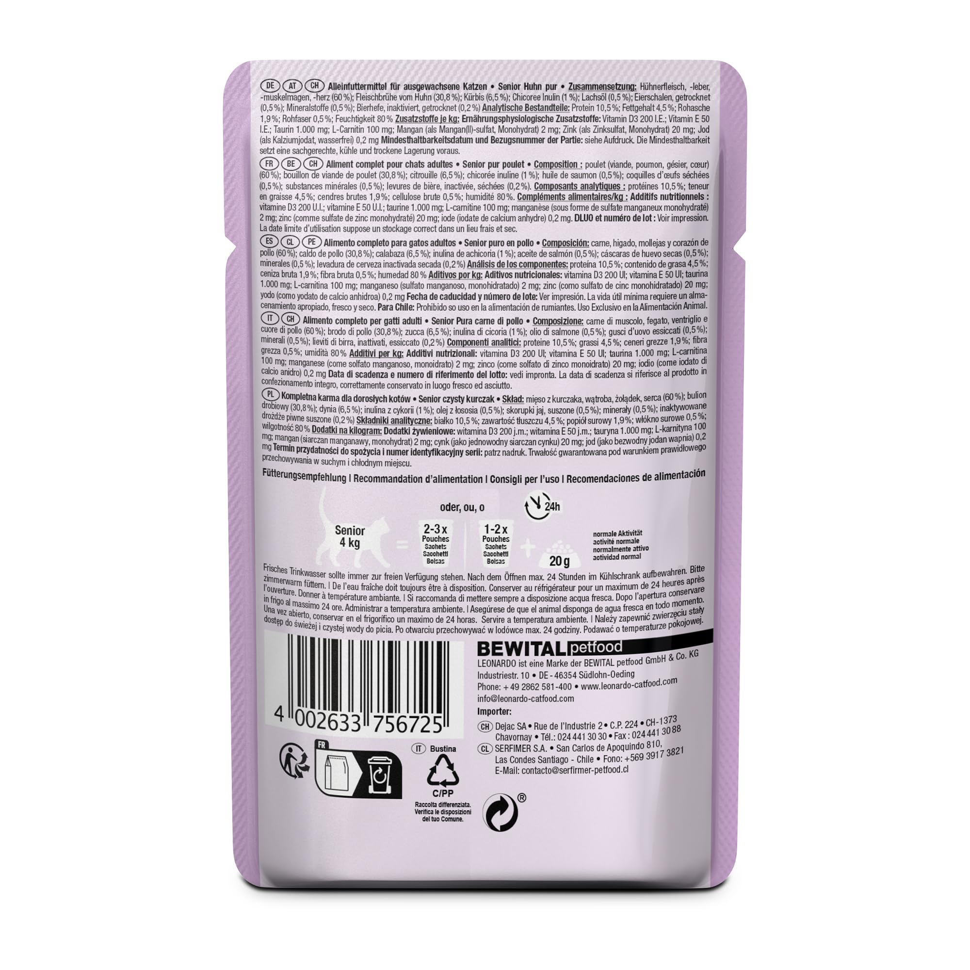 Leonardo Finest Selection Senior Huhn pur | Doppelpack | 2 x 16 x 85 g | Nassfutter für ältere Katzen | Lachsöl für seidiges Fell | Rezeptur ohne Getreide und Zucker | Mit Kürbis