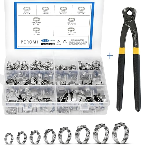 PEROMI Abrazadera de manguera de oreja única con pinzas de oreja, 8 tamaños 0.236-0.925 in 304 Stianless acero inoxidable 304 anillos surtidos para