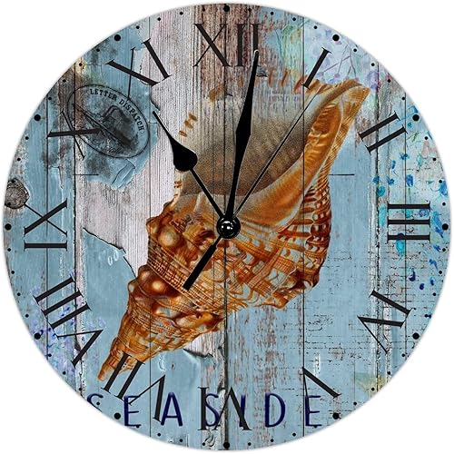 Miniatura 28 de ArogGeld Reloj de pared de PVC de mediados de siglo, concha, números de playa, estilo océano con números romanos de 10 pulgadas, funciona