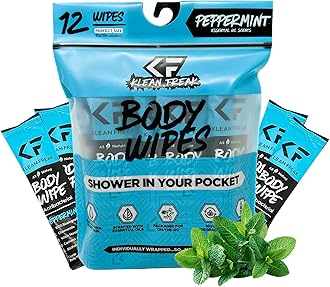 The Klean Freak Body Wipes - 12 count Individually Wrapped | Showerless Body Wipe for Women & Men | Sustainable Bodywipes for Gym, Travel, Camping | Peppermint