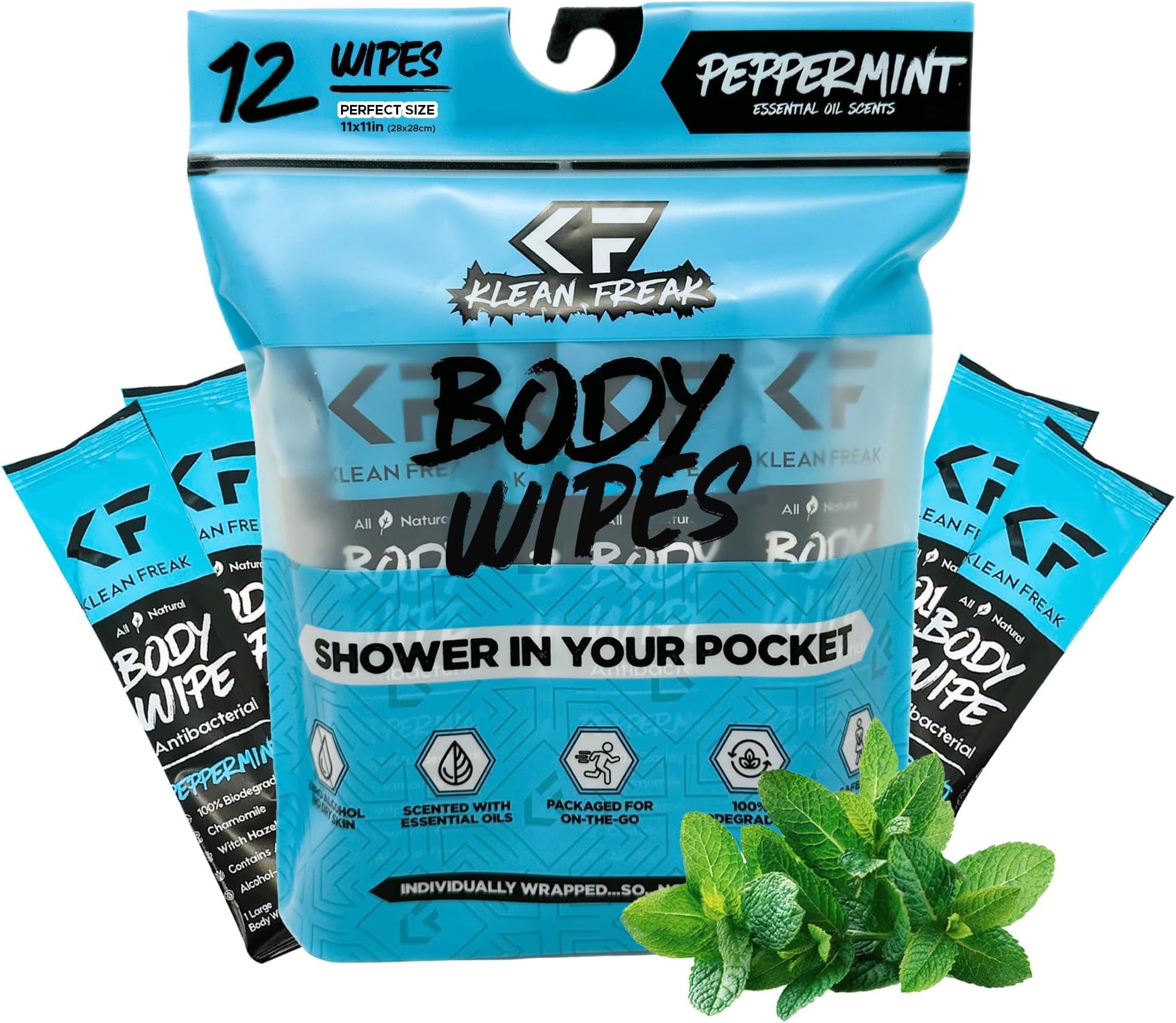 The Klean Freak Body Wipes - 12 count Individually Wrapped | Showerless Body Wipe for Women & Men | Sustainable Bodywipes for Gym, Travel, Camping | Peppermint