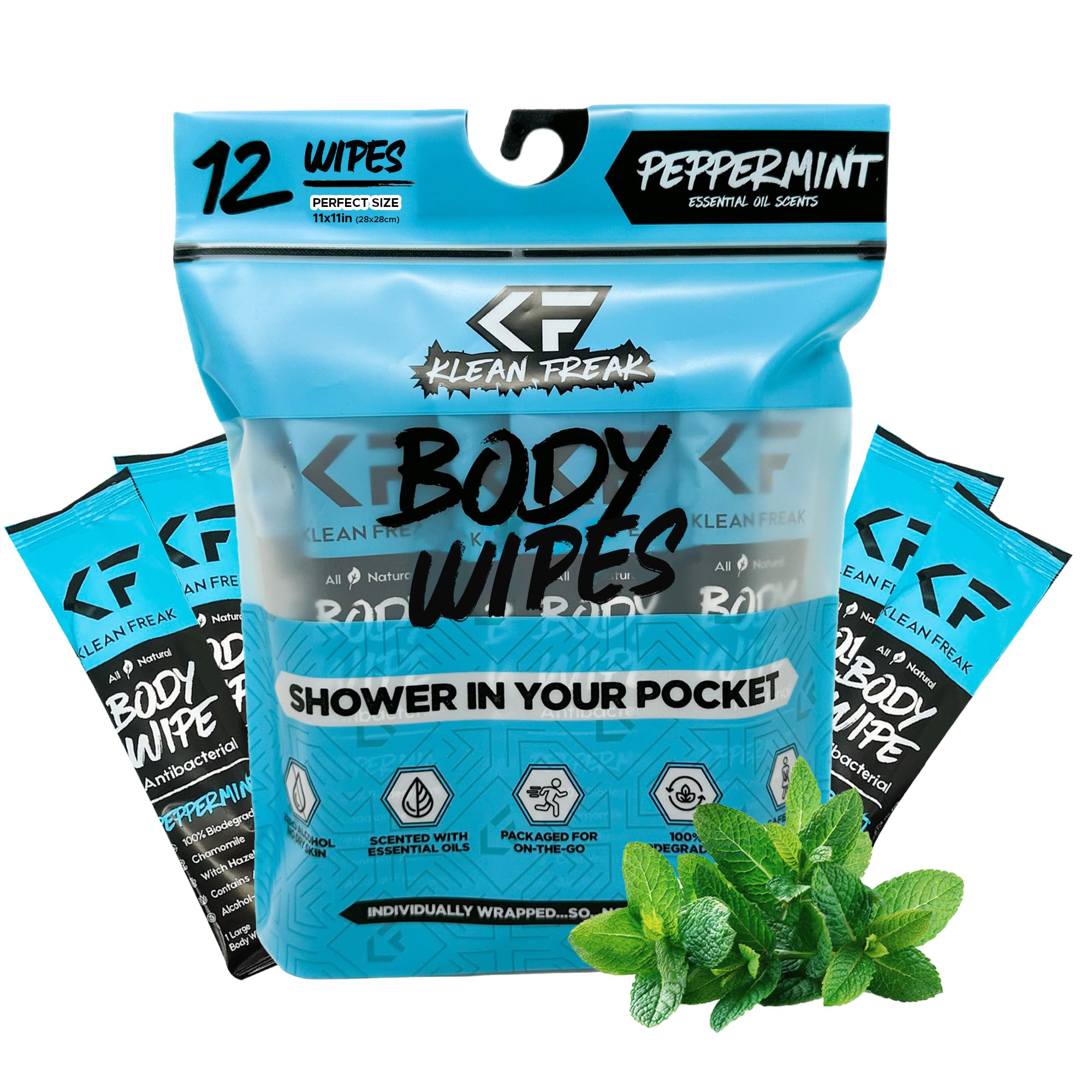 The Klean Freak Body Wipes - 12 count Individually Wrapped | Showerless Body Wipe for Women & Men | Sustainable Bodywipes for Gym, Travel, Camping | Peppermint