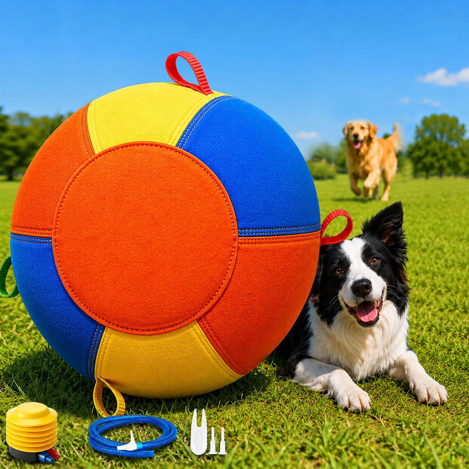 Photo 1 of ROSUIH 18 Inch Herding Ball for Dogs, Push & Chase Training Ball with Heavy-Duty Oxford Fabric Cover for Active Medium Dogs, Border Collies, Australian Shepherds & Blue Heelers, Multi-Color, (Medium)