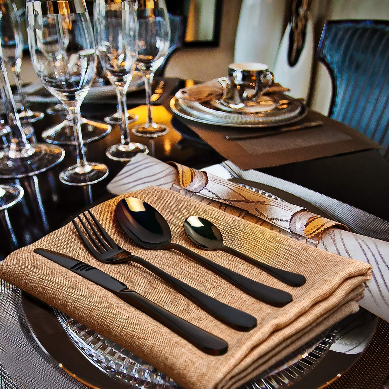 Product Deal Black Silverware Set, HOBO 24 Pieces Stainless Steel Silverware Set with Wooden Box, Knife Fork Spoon Flatware, Mirror Finish, Smooth Edge, Service for 6