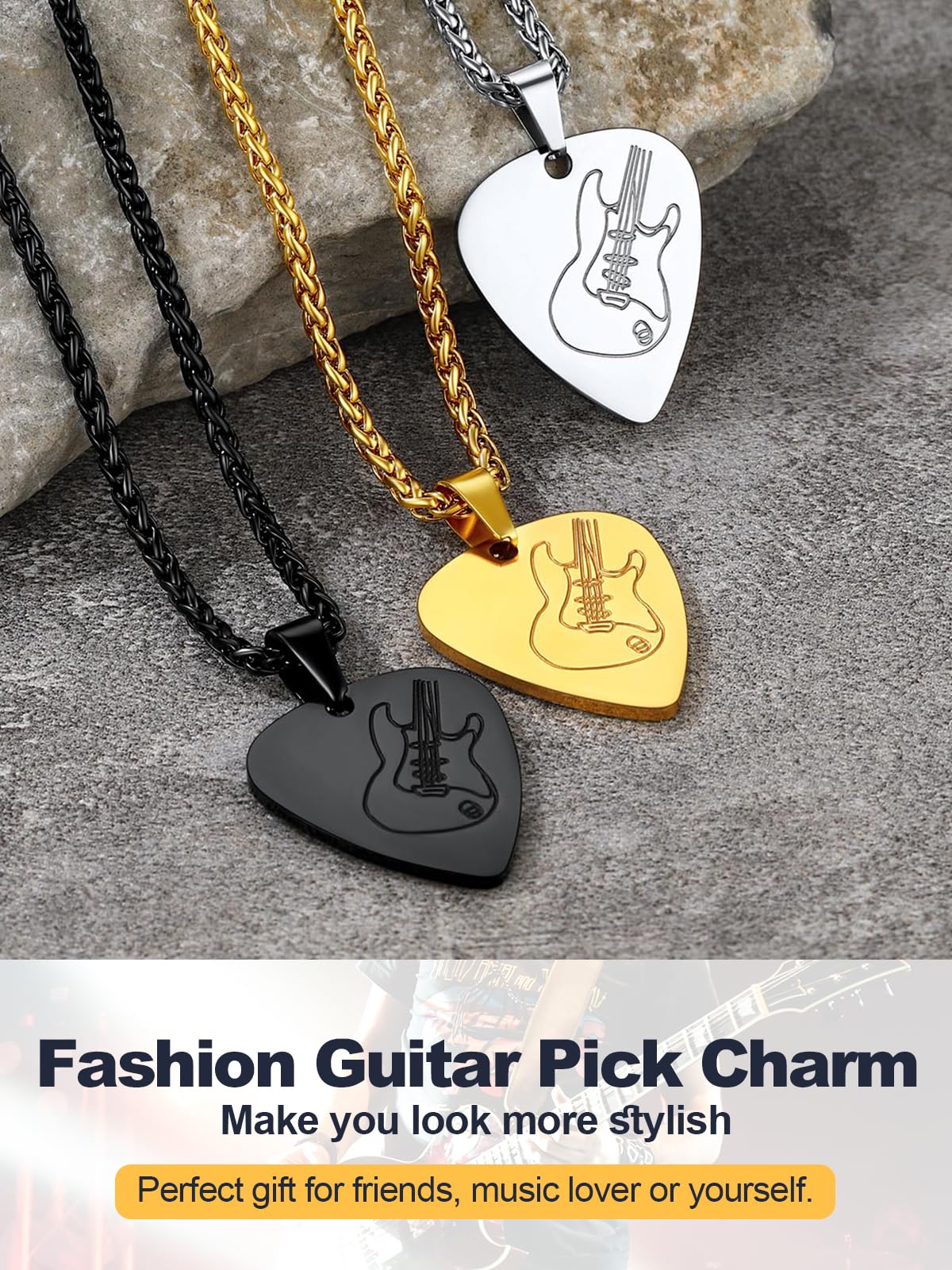 U7 Collana Uomo Ciondolo Chitarra Plettro, 8 Stili Musica Collana Plettro con Chitarra, Argento/Nero/Oro Collana Uomo Acciaio, Collana da Rapper Bambino Chitarristi Rock, Gioielli Personalizzati