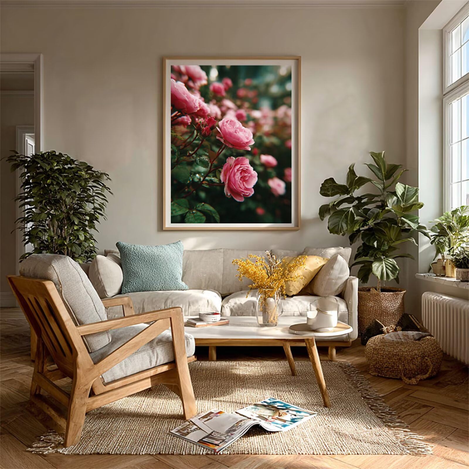 Rosa Dipingere con i Numeri Adulti con Telaio, Flower Dipingere con i Numeri Kit, DIY Disegni da Colorare per Adulti con Pennelli e Vernice Acrilica, Regalo Amica, Decorazioni Casa 50x70cm Y-9533