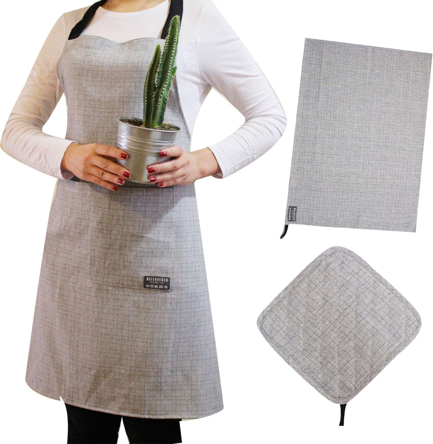 Maison De Coco Cs50 Linen Textured Apron Set with Multi Purpose Cloth and Pot Holder 3 Set (Grey)