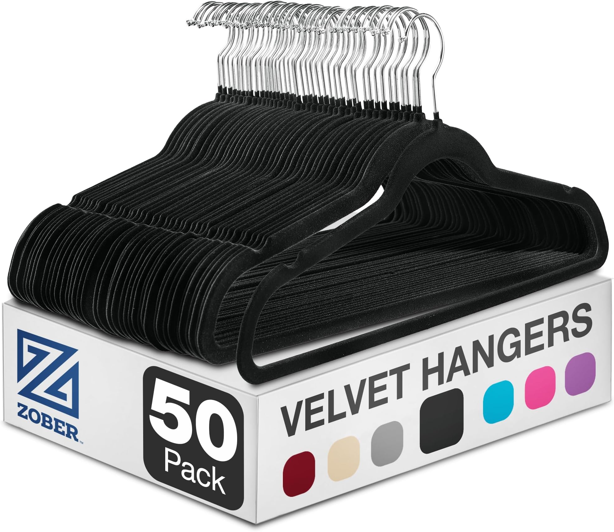 ZOBER Non-Slip Velvet Hangers Pack of 50 Ultra Thin Space Saving 360 Degree Swivel Hook Strong and Durable Clothes Hangers Hold Up-to 10 Lbs, for Coats, Jackets, Pants, Dress Clothes (Black)