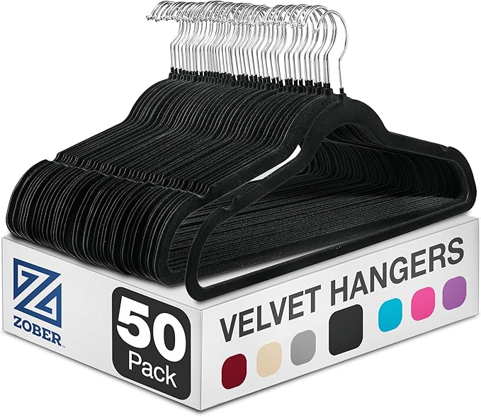 ZOBER Black Velvet Hangers 50 Pack - Clothes Hangers, Coat Hanger for Pants & Dress Clothes - Non Slip w/ 360 Degree Swivel, Holds up to 10 lbs - Strong Felt Hanger for Clothing