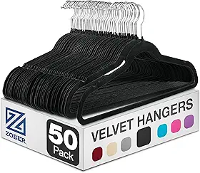 Zober Pacote com 50 cabides de veludo - cabides pretos resistentes para casacos, calças e roupas sociais - Conjunto de cabides antiderrapantes - Cabides de feltro para roupas que economizam espaço