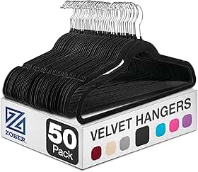 Zober Pacote com 50 cabides de veludo - cabides pretos resistentes para casacos, calças e roupas sociais - Conjunto de cabides antiderrapantes - Cabides de feltro para roupas que economizam espaço