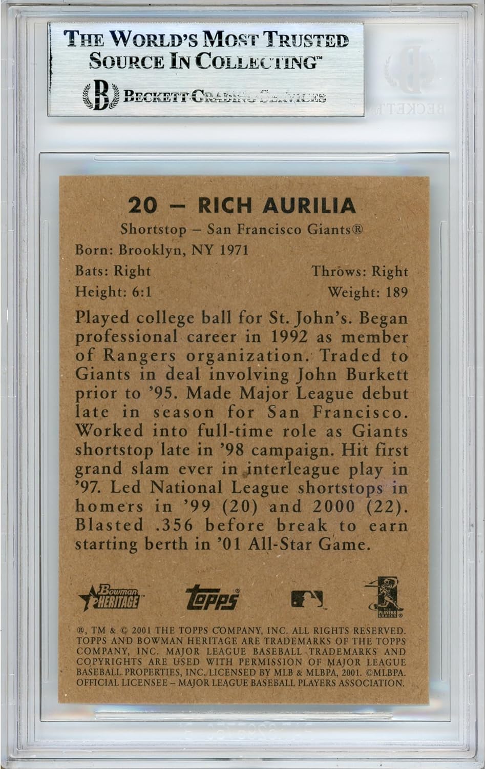 Rich Aurilia Autographed 2001 Bowman Heritage #20 Baseball Card Slabbed Beckett BAS Authentic Slab COA Played For San Francisco Giants MLB