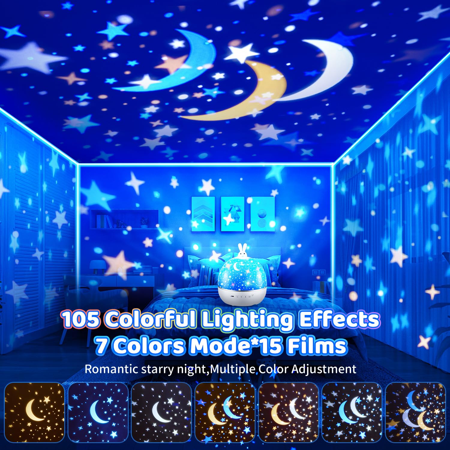 One Fire Proiettore Stelle Soffitto Bambini, 15 Films Luce Notturna Bambini, Bluetooth Musica 360° Lampada Proiettore Bambini, USB Ricaricabile Proiettore Soffitto Regalo Bambini Decorazioni Camera