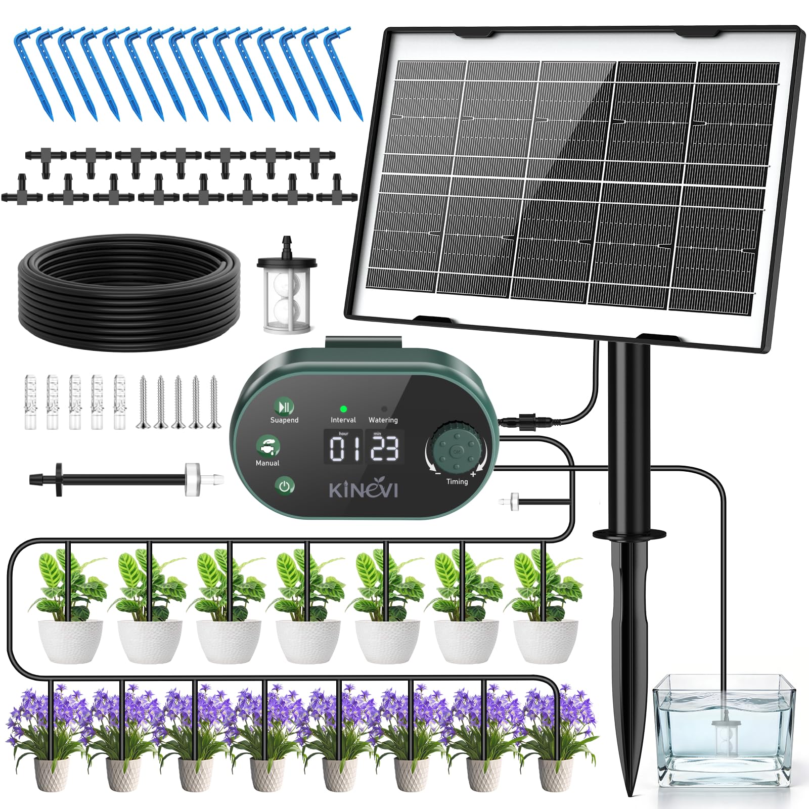 Solar Bewässerungssystem, Garten Automatisches Bewässerungs mit 22 Modi Timer, 15M Schlauch & 15 Tropfstrahler, Tropfbewässerung Set für Balkon, Hochbeet, Gewächshaus & Outdoor Topfpflanzen (3W)