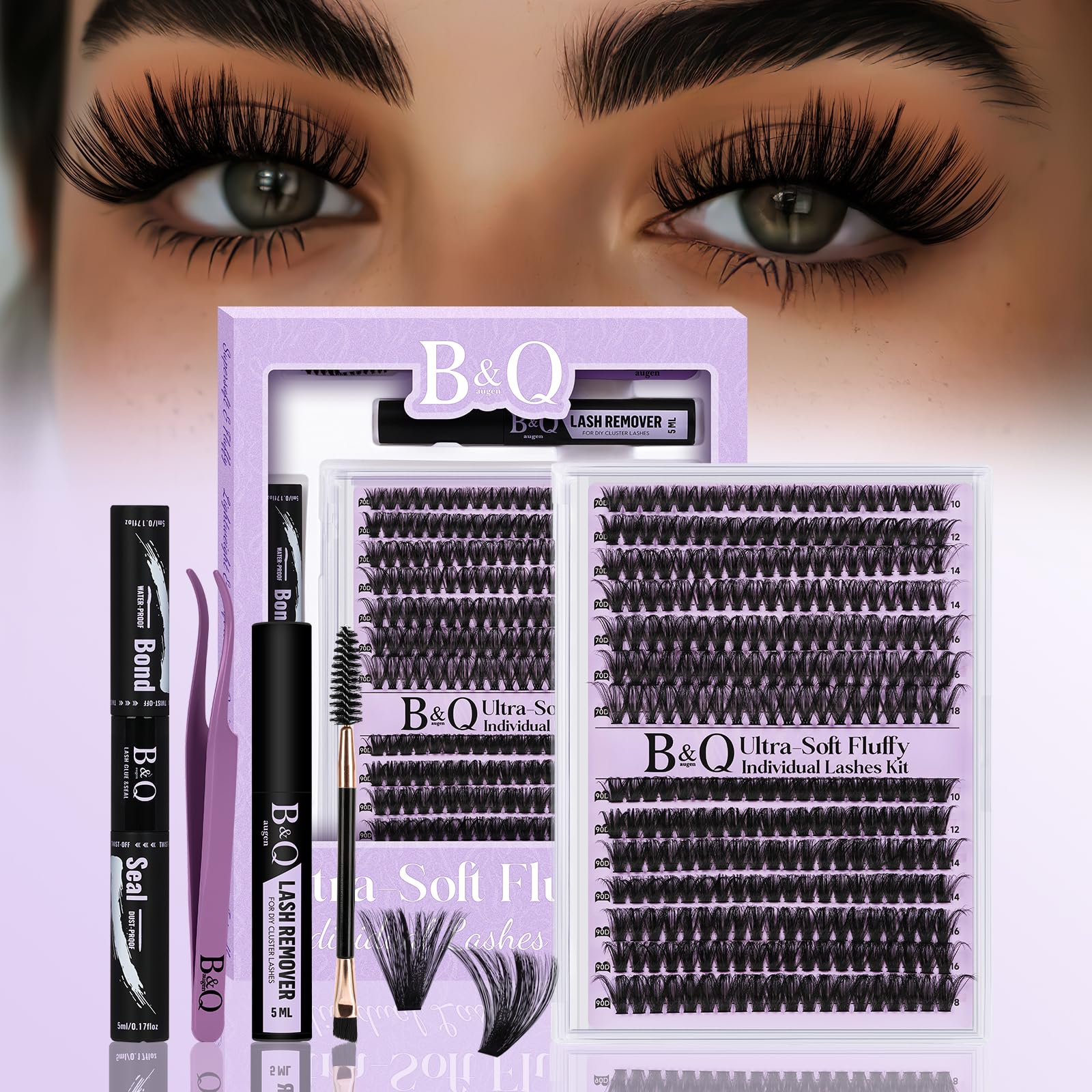 B&Q Fluffy Lash Clusters Kit 280PCS UltraSoft Cluster Eyelash Extensions, 70+90D Volume Eyelash clusters 10-18mm Lash Extension Kit, D Curl Individual Lashes kit with lash Applicator Tool (70+90D Set)