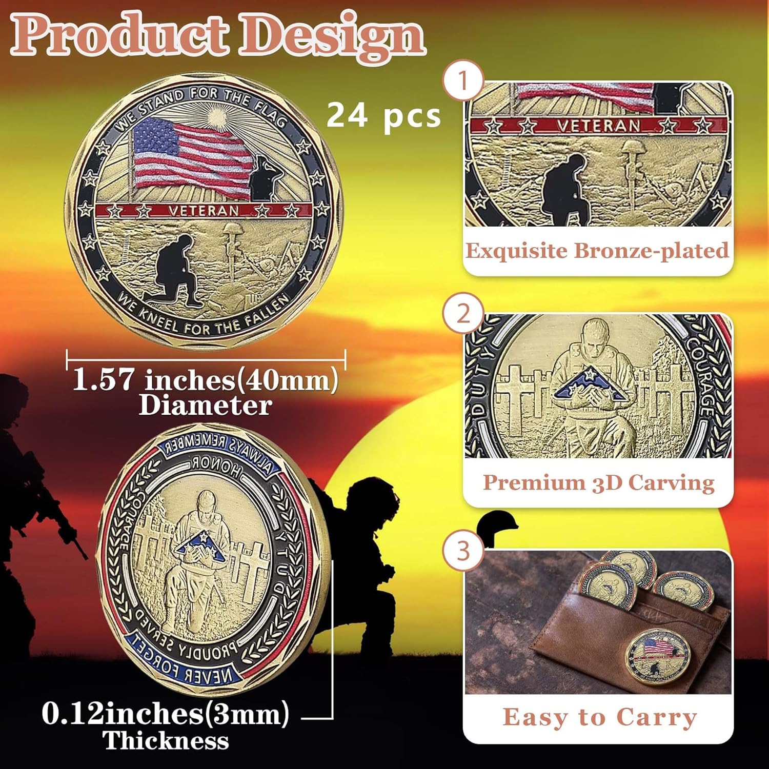 24 Pcs U.S. Veteran Challenge Coin Military Challenge Coins Us Army Challenge Coin Veteran Thank You Coinswe Stand for The Flag We Kneel for The Fallen Military Gift