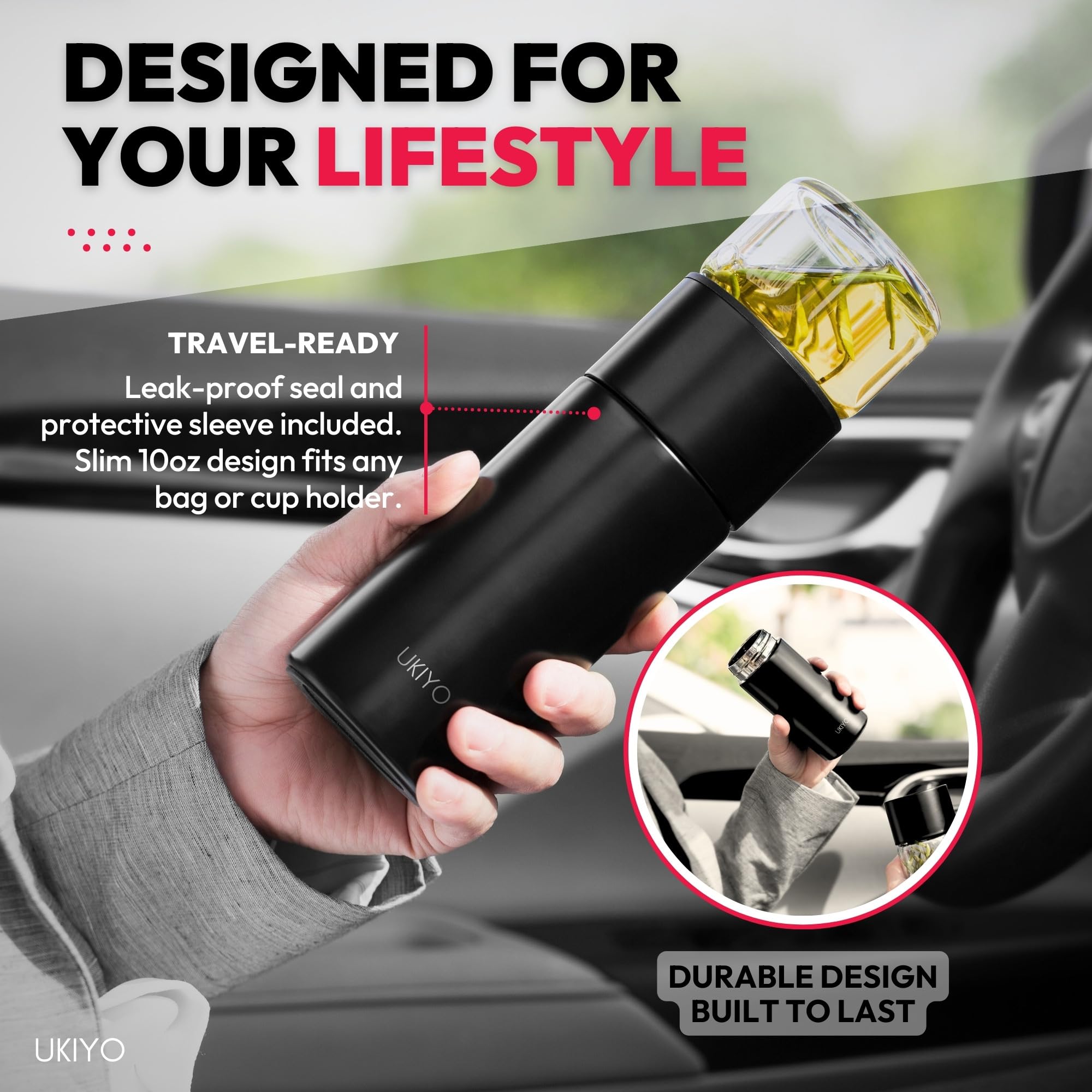 Ukiyo - Botella de acero inoxidable y vidrio con infusor de té y frutas, vaso de viaje con filtro de acero inoxidable