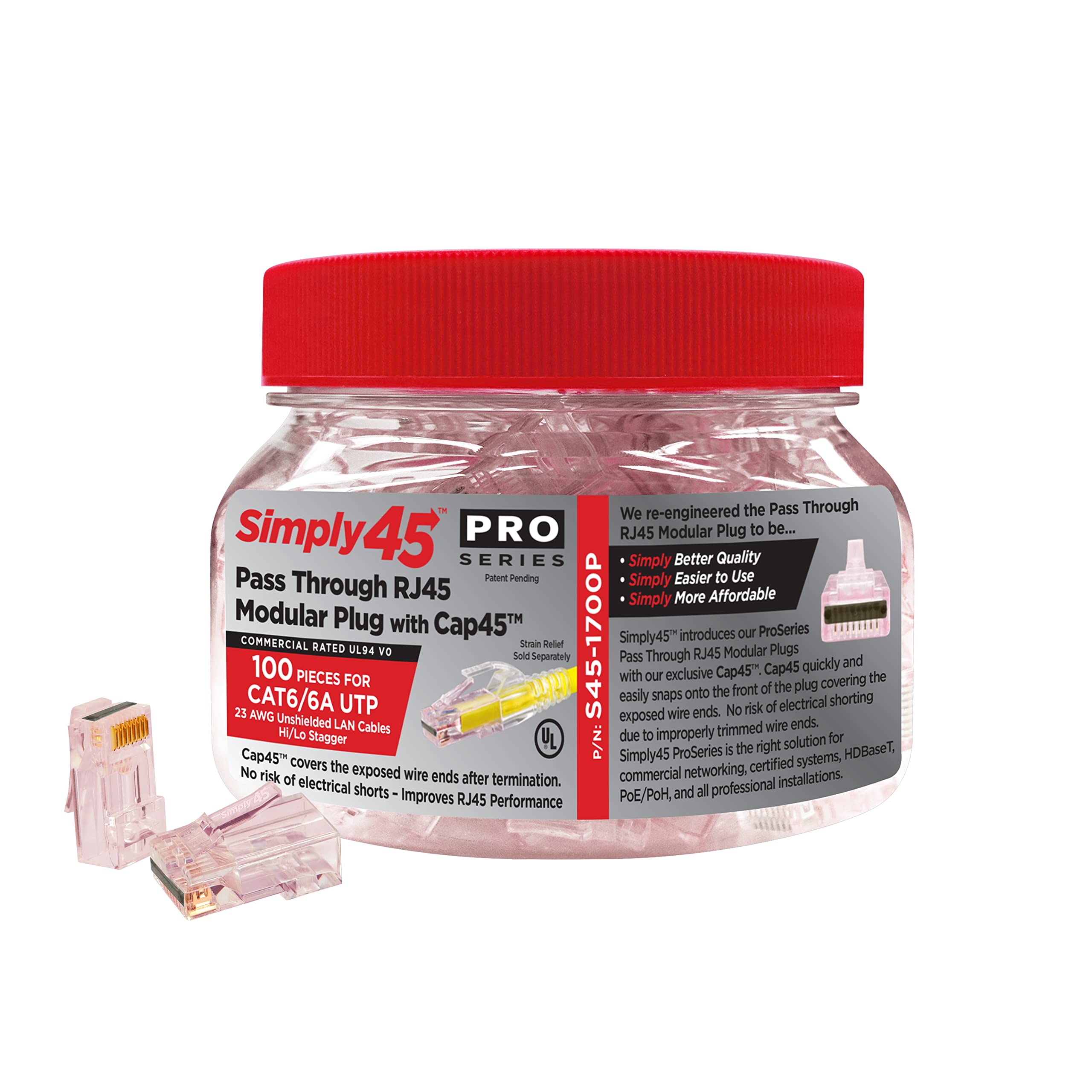 Simply45 ProSeries Unshielded Pass-Through RJ45 Modular Plugs with Cap45 for 23AWG Solid (Cat6/6a UTP) - Red Tint, Hi/Lo Stagger - 100-Pieces - S45-1700P