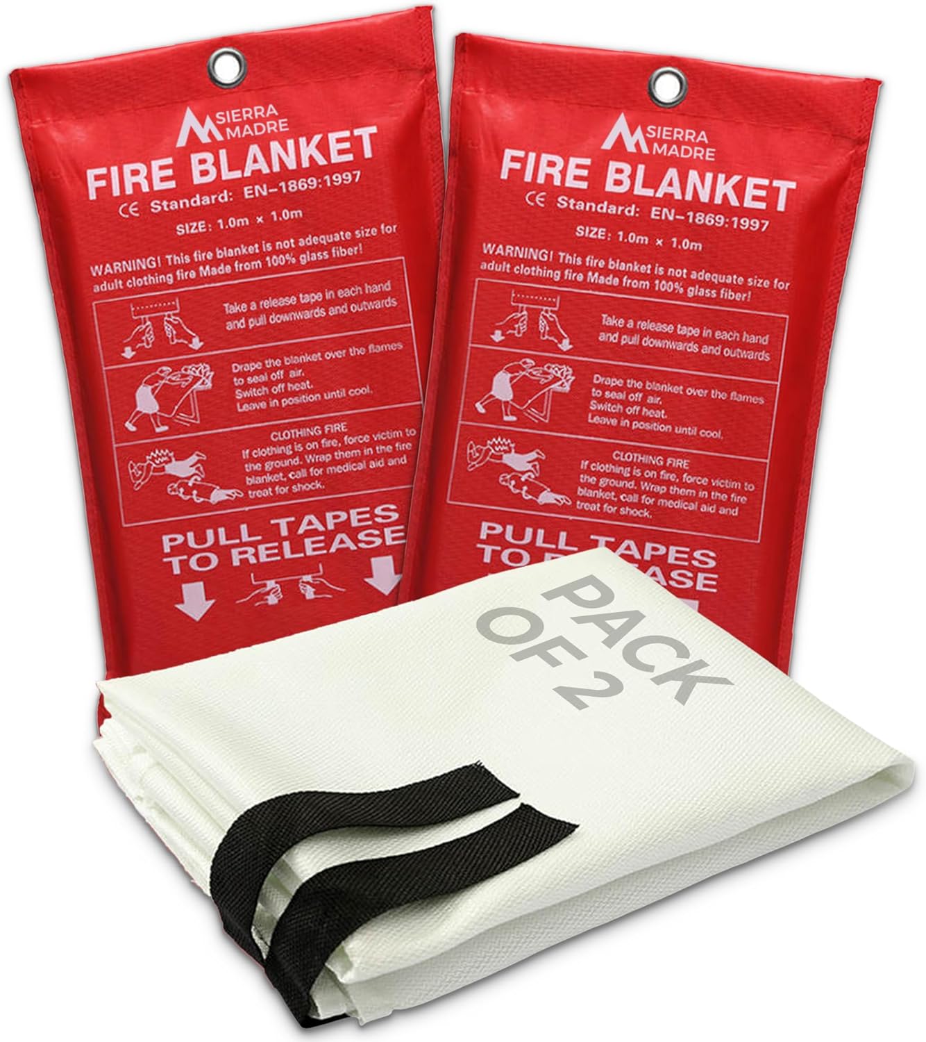 Sierra Madre Emergency Fire Blanket for Home and Kitchen – 100% Fiberglass Fire Suppression Blanket (40x40) for Car, Office & Camping – Instantly Smothers Flames – Lightweight & Reusable (Pack of 2)