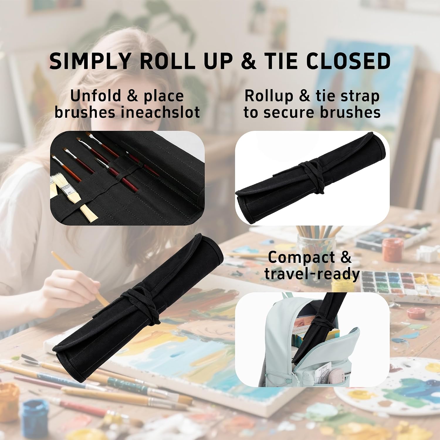 22 Slot Paint Brush Holder Roll-up Case, Canvas Artist Brush Organizer Storage Pouch for Acrylic, Oil, Watercolor, Gouache, Pens & Art Supplies, Travel Brush Storage, Black